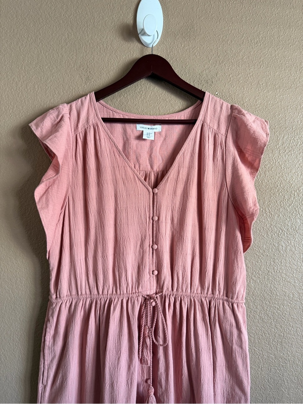 Lucky Brand Blush Pink Button Front Maxi Dress with Tassel Tie & Pockets Size XL - Picture 4 of 11